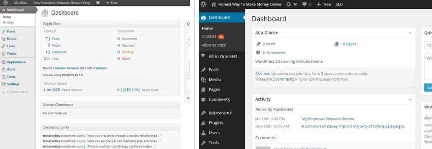 Empower Network $25/mth blog (left) vs WordPress FREE blog (right)