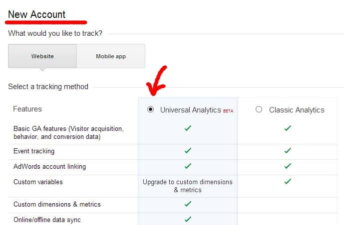 Google analytics new account Select Universal Analytics