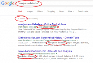 Google SERP exact match Raw juices diabetes
