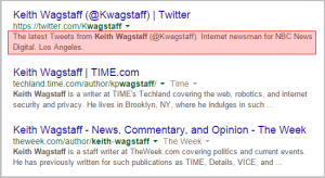 Keith Wagstaff Twitter bio is #1 in Google SERP