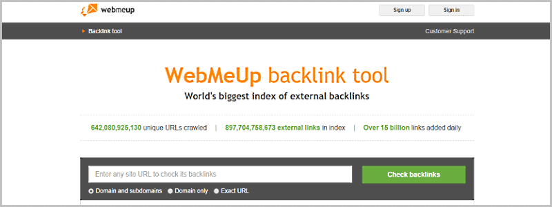 Find competitors backlinks WebMeUp backlink tool