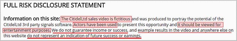 The CitidelLtd sales video is fictitious and was produced to portray the potential of the CitidelLtd 3rd party signals software. Actors have been used to present this opportunity and it should be viewed for entertainment purposes.