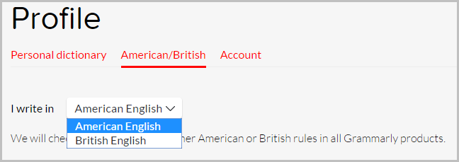 Grammarly option to choose between Am and British English