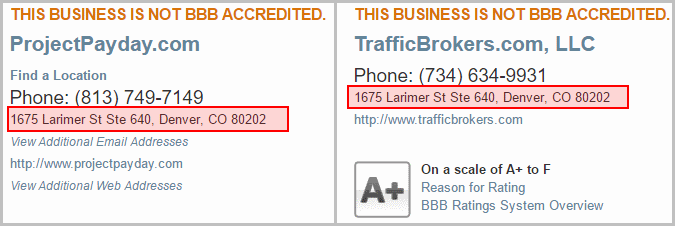 Project Payday and Traffic Brokers have the same address