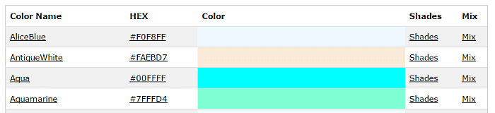 table of color names with hex codes, shades, and mixes