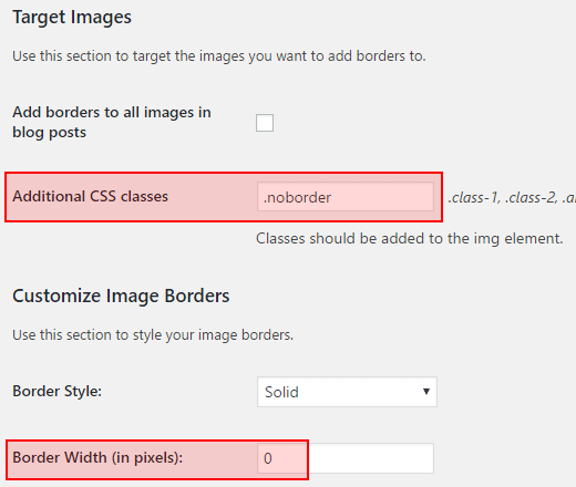 How to remove border from selected images using WP Image Borders plugin