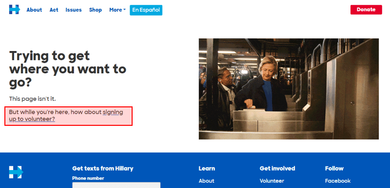 Hillary effectively uses otherwise embarrassing situation to create an effective error 404 page