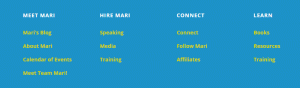 Mari Smith blog footer has 4 widget areas