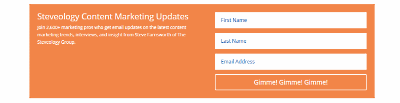 Steve Farnsworth blog Steveology has one single widget area for email opt-in