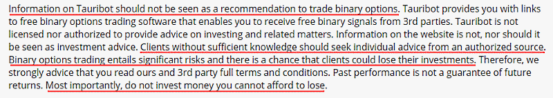 Tauribot Disclaimer says binary options is a risky business