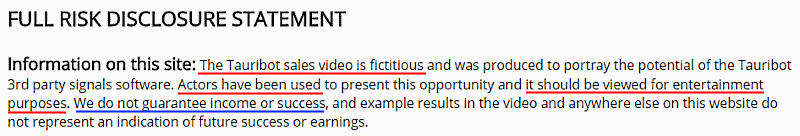 Tauribot user disclaimer says their video is pure fiction