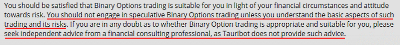 Tauribot disclaimer says they don't teach you to trade