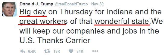 Selling power in Donald Trump tweet big day great workers wonderful state