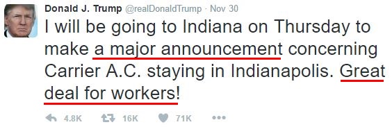 Donald Trump emotions in tweets: "A major announcement," "great deal for workers!"