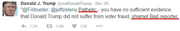 Emotional phrases in trump tweets: "Pathetic," "shame!" "Bad reporter."