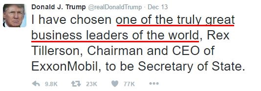 Donald Trump tweet - emotional phrases: "one of the truly great business leaders of the world."