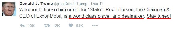 Donald Trump superlatives in tweets: "a world class player and dealmaker. Stay tuned"