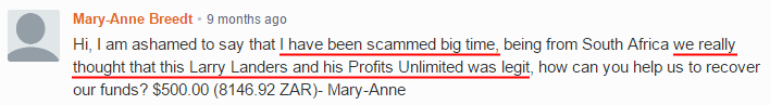 A testimonial how a person was scammed by Profits Unlimited
