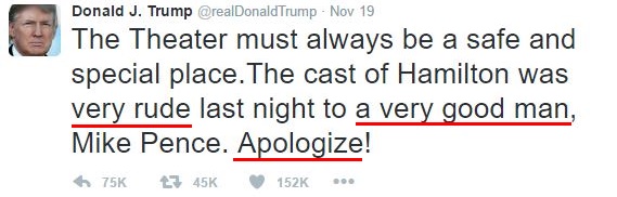 emotional tweets of trump: "very rude," "a very good man," "Apologize!"