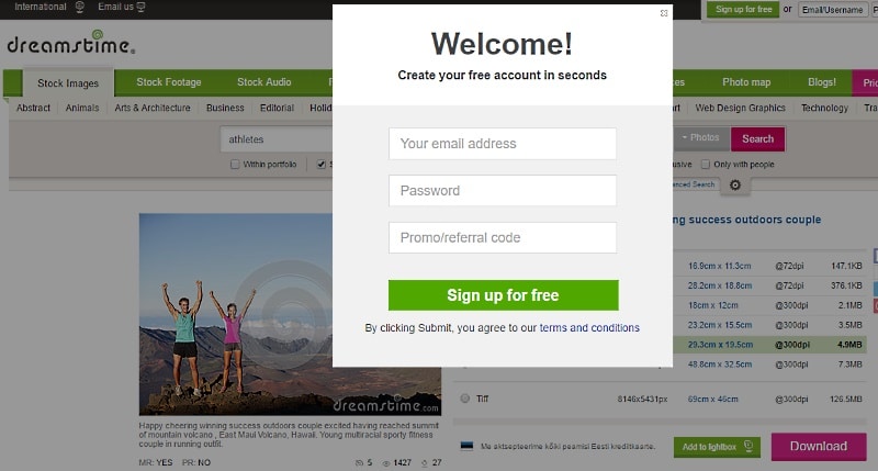 Dreamstime requires you to sign up before you can download free images