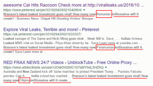 Google SERP extract - fake articles targeting romanians, filipinos, etc.