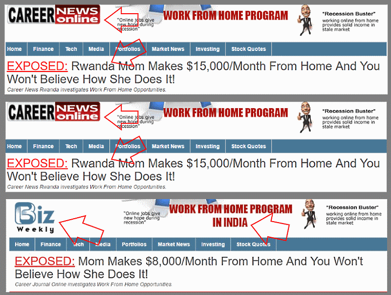 Different websites, identical scams