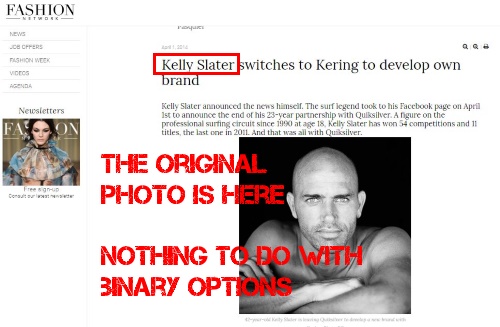 Kelly Slater has nothing to do with binary options trading