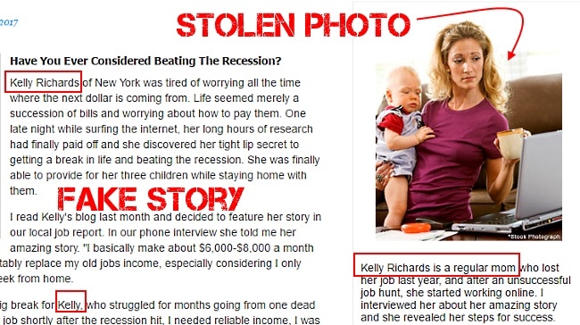 Kelly Richards scam - using a fictional narrative and stolen photo