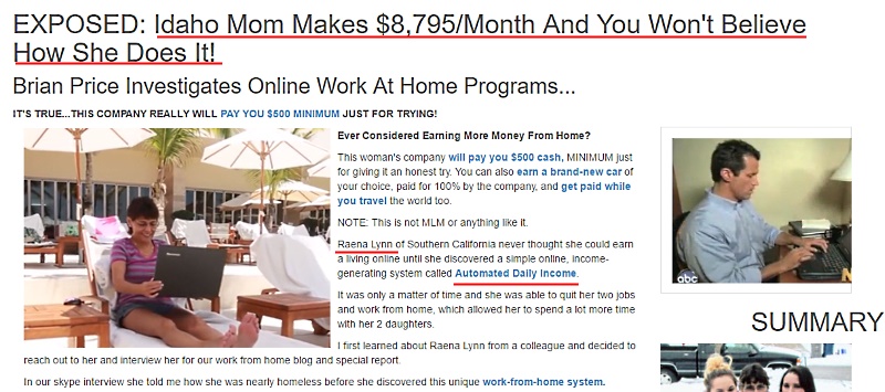 Raena Lynn using a typical work-from-home scam site template