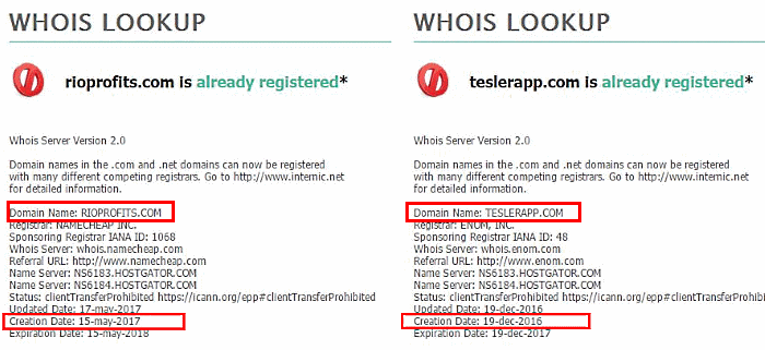 Tesler App is registered about half year before the Rio Profits Software