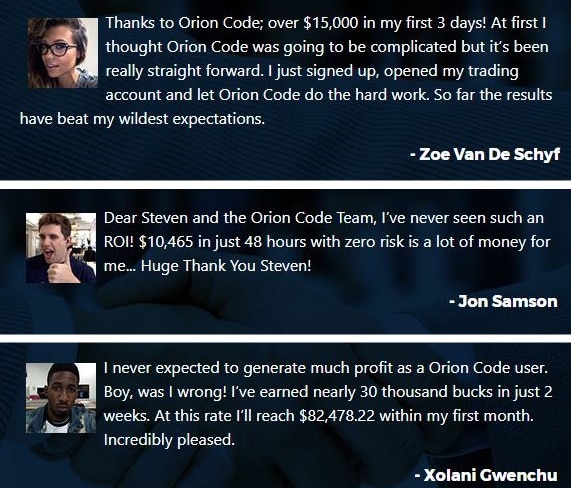 Fake testimonials of the Orion Code system