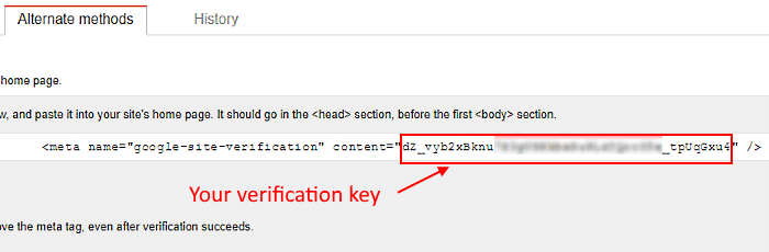 Copy your verification key from the meta tag then paste it in the SEO plugin