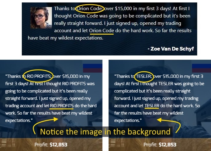 The same fabricated testimonial in three different scams