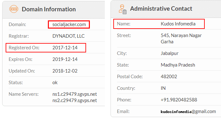 SocialJackercom Domain information and admistrative contact
