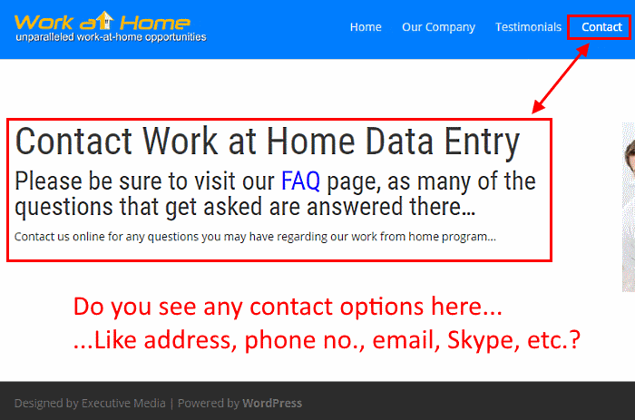 The Work at Home Data Entry Contact page completely lacks contact options